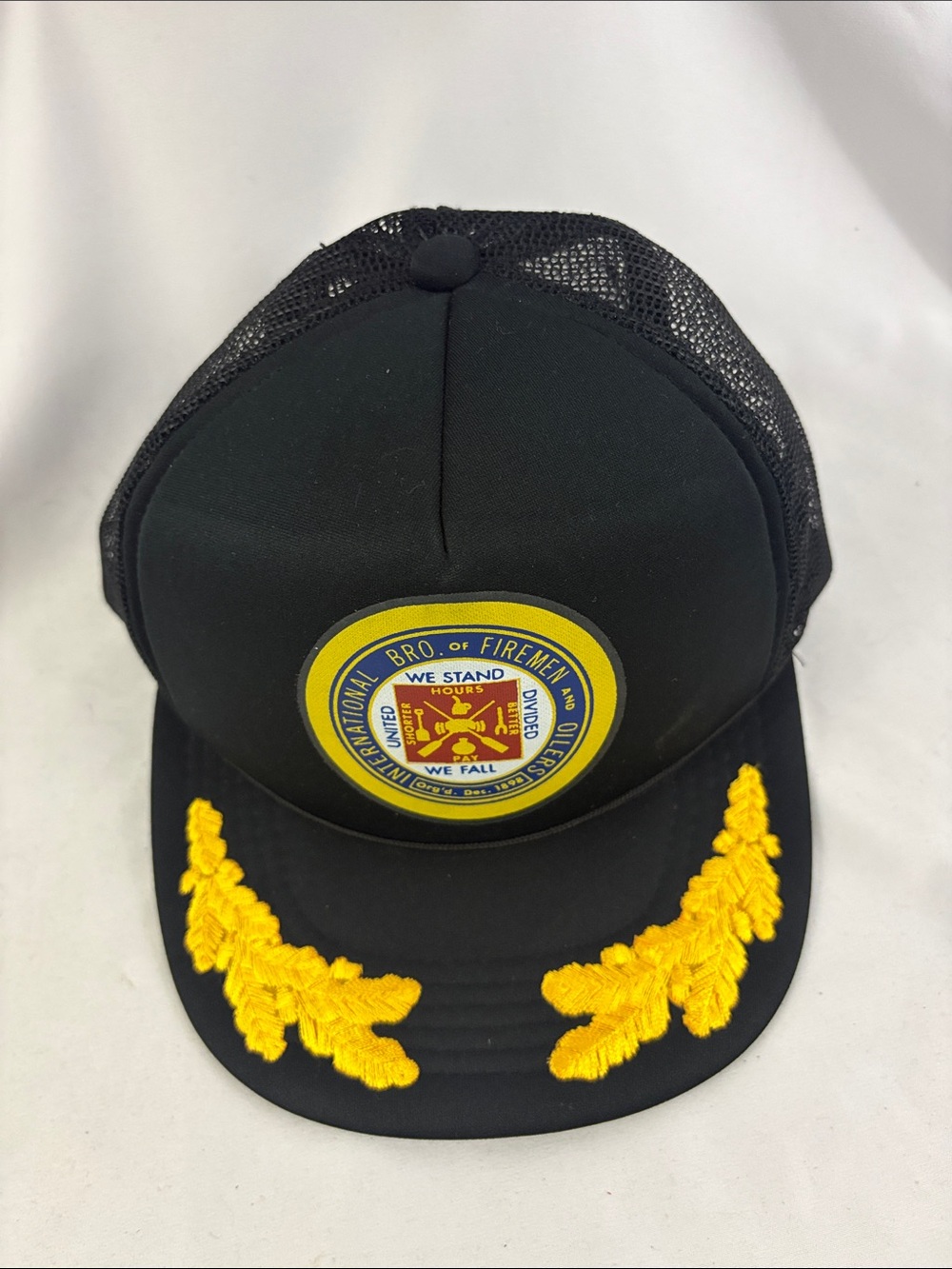 Vintage International Bro. of Firemen Snapback Hat Cap Black Mesh Gold Leaf Robe